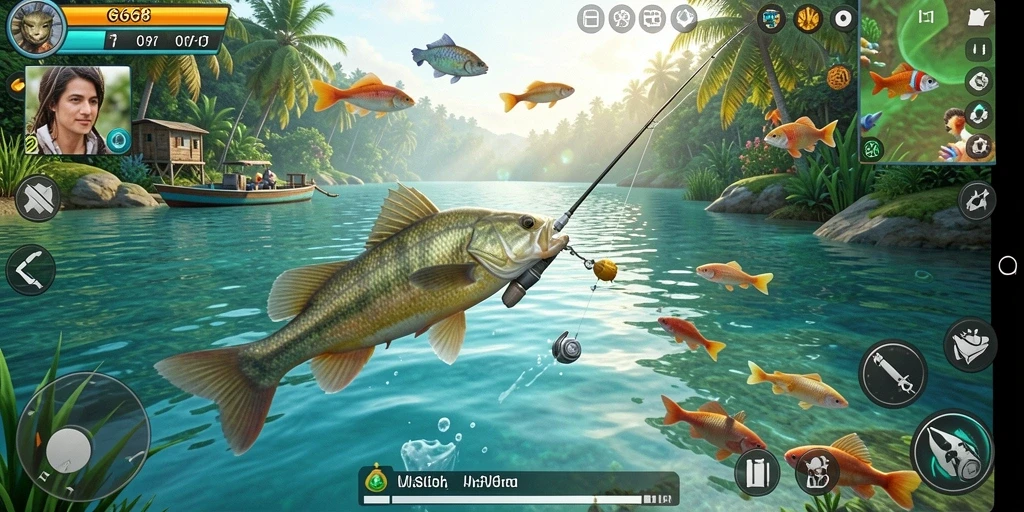 Tampilan gameplay G668 dengan berbagai ikan dan alat pancing.