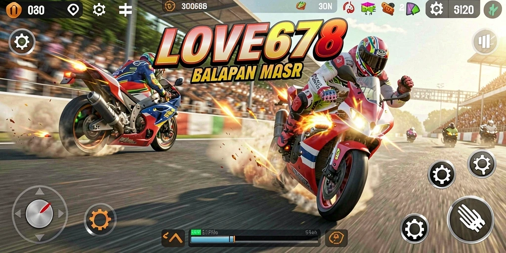 Screenshot gameplay LOVE678 menampilkan balapan motor yang mendebarkan.