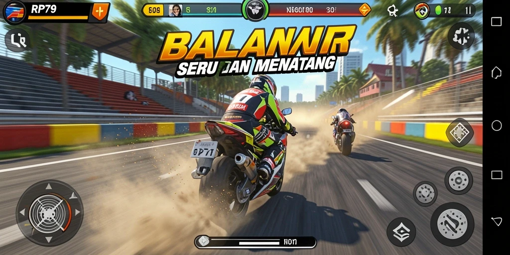 Screenshot dari gameplay RP79 yang menunjukkan aksi balapan motor yang mendebarkan.