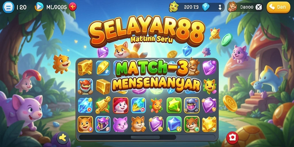 Tampilan screenshot SELAYAR88 menampilkan gameplay Match-3 yang seru dan penuh warna.