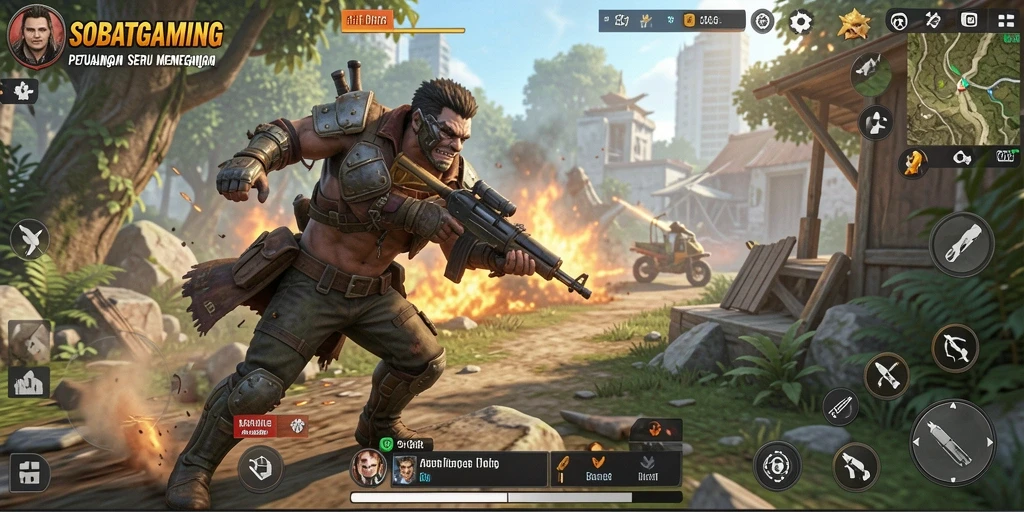Gambaran aksi seru di SOBATGAMING dengan karakter dan pertempuran yang energik.